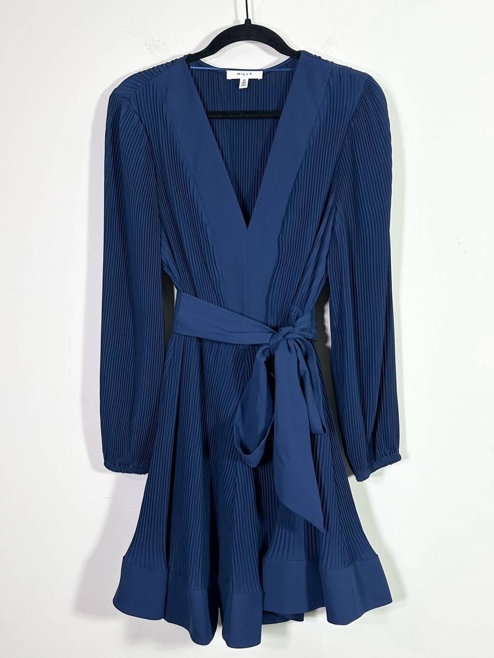 Milly Navy Blue Deep V-Neck Long Sleeve Pleated Belted A-Line Mini Dress